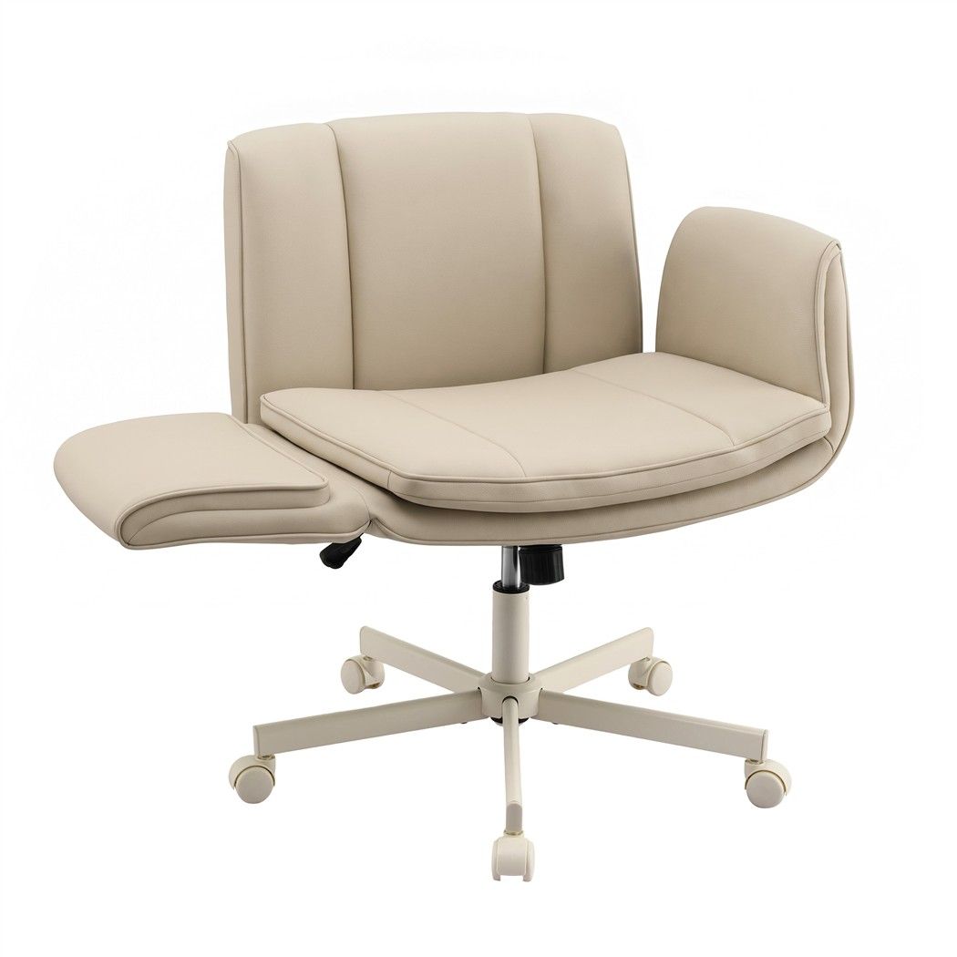 Artiss Cross Legged Office Chair PU Leather Swivel Vanity Chair Wide Seat Adjustable Arms Beige-Furniture > Office > Office &amp; Desk Chairs-PEROZ Accessories