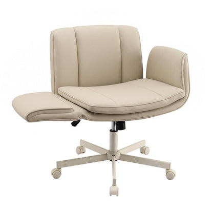Artiss Cross Legged Office Chair PU Leather Swivel Vanity Chair Wide Seat Adjustable Arms Beige-Furniture > Office > Office &amp; Desk Chairs-PEROZ Accessories