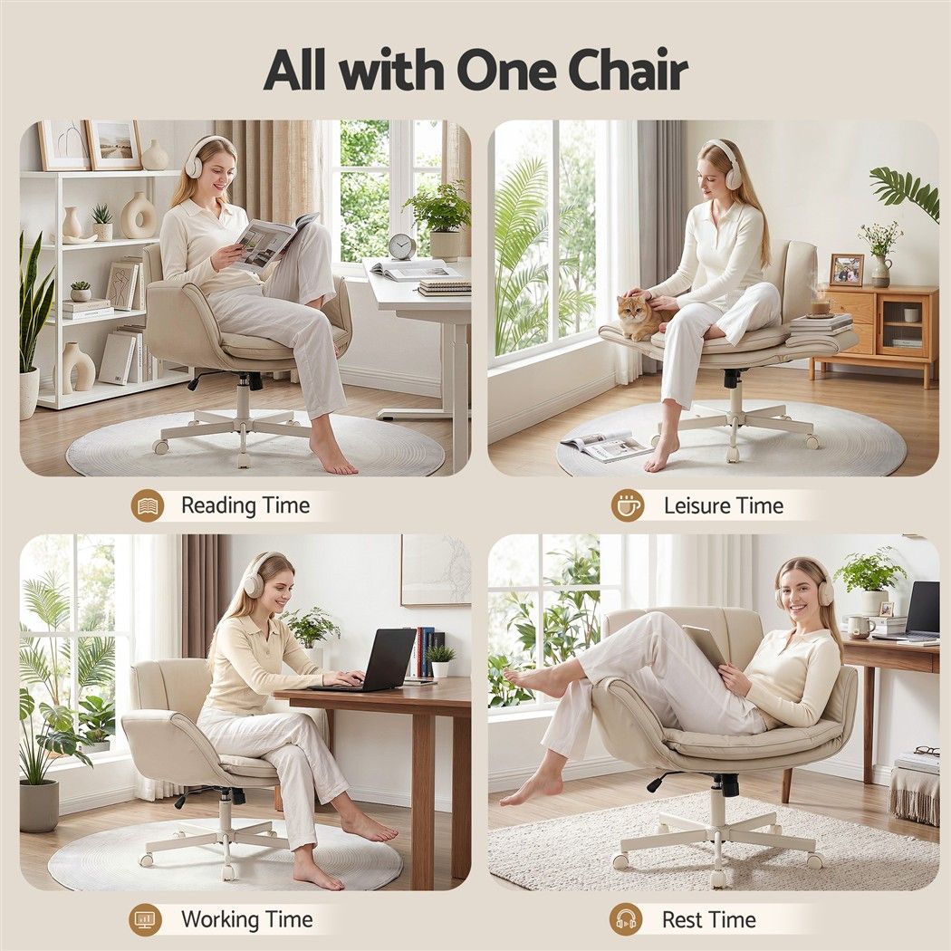 Artiss Cross Legged Office Chair PU Leather Swivel Vanity Chair Wide Seat Adjustable Arms Beige-Furniture > Office > Office &amp; Desk Chairs-PEROZ Accessories