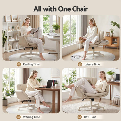 Artiss Cross Legged Office Chair PU Leather Swivel Vanity Chair Wide Seat Adjustable Arms Beige-Furniture > Office > Office &amp; Desk Chairs-PEROZ Accessories