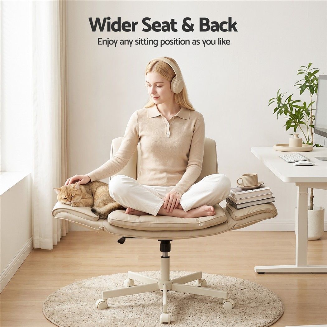 Artiss Cross Legged Office Chair PU Leather Swivel Vanity Chair Wide Seat Adjustable Arms Beige-Furniture > Office > Office &amp; Desk Chairs-PEROZ Accessories