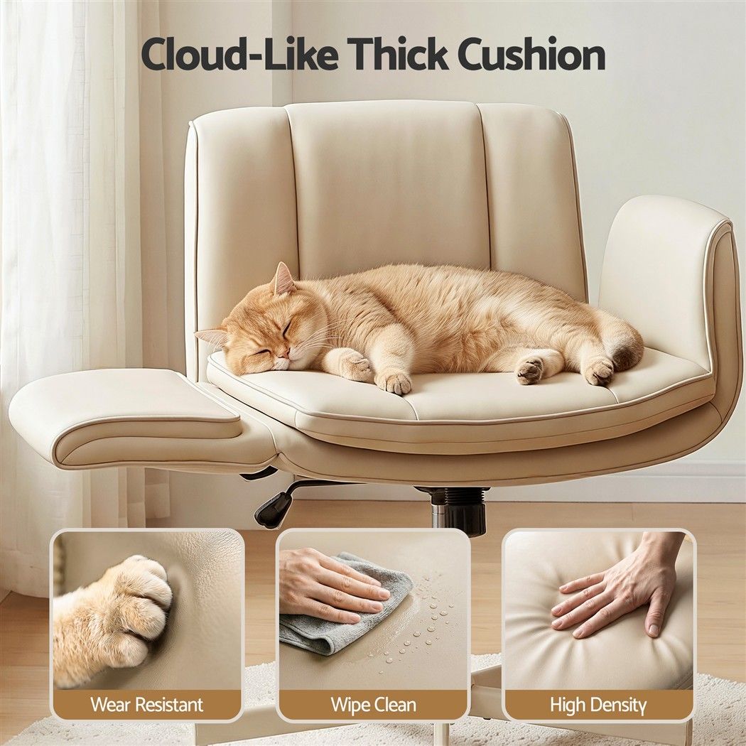 Artiss Cross Legged Office Chair PU Leather Swivel Vanity Chair Wide Seat Adjustable Arms Beige-Furniture > Office > Office &amp; Desk Chairs-PEROZ Accessories