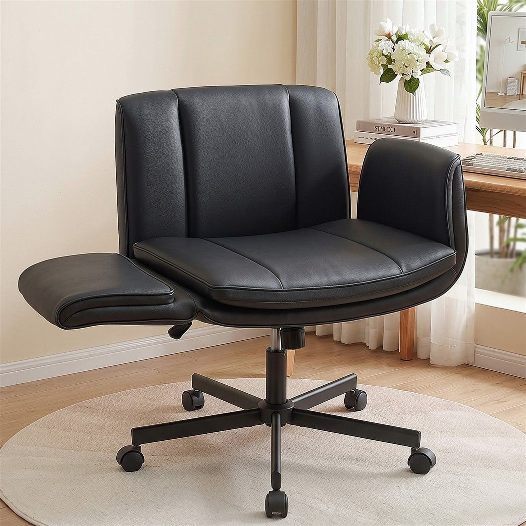 Artiss Cross Legged Office Chair PU Leather Swivel Vanity Chair Wide Seat Adjustable Arms Black-Furniture > Office > Office &amp; Desk Chairs-PEROZ Accessories