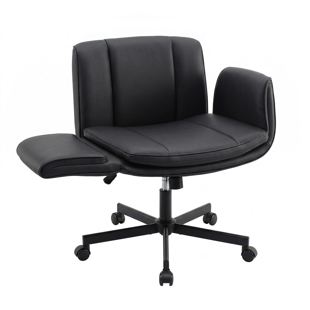Artiss Cross Legged Office Chair PU Leather Swivel Vanity Chair Wide Seat Adjustable Arms Black-Furniture > Office > Office &amp; Desk Chairs-PEROZ Accessories