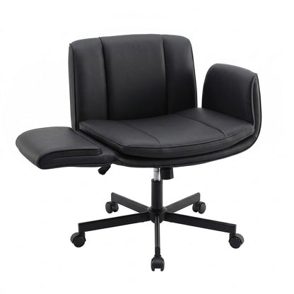 Artiss Cross Legged Office Chair PU Leather Swivel Vanity Chair Wide Seat Adjustable Arms Black-Furniture > Office > Office &amp; Desk Chairs-PEROZ Accessories
