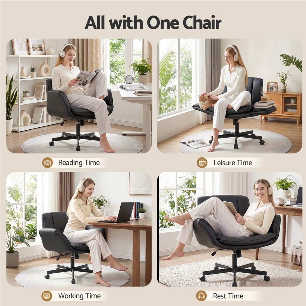 Artiss Cross Legged Office Chair PU Leather Swivel Vanity Chair Wide Seat Adjustable Arms Black-Furniture > Office > Office &amp; Desk Chairs-PEROZ Accessories