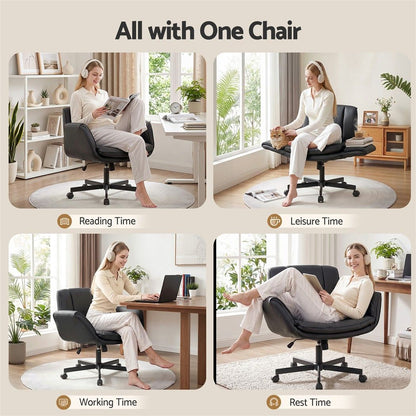 Artiss Cross Legged Office Chair PU Leather Swivel Vanity Chair Wide Seat Adjustable Arms Black-Furniture > Office > Office &amp; Desk Chairs-PEROZ Accessories