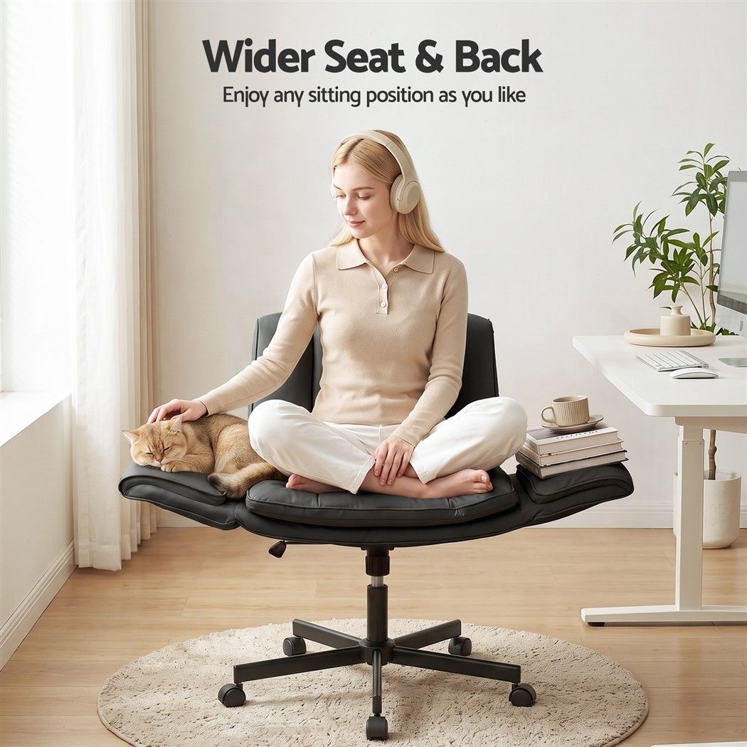 Artiss Cross Legged Office Chair PU Leather Swivel Vanity Chair Wide Seat Adjustable Arms Black-Furniture > Office > Office &amp; Desk Chairs-PEROZ Accessories