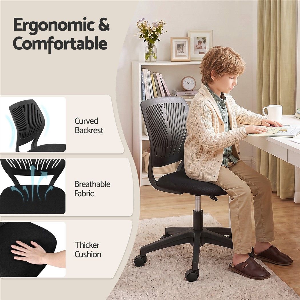 Artiss Ergonomic Office Chair Armless Study Chair Height Adjustable for Girls Boys Teens Black-Furniture > Office > Office &amp; Desk Chairs-PEROZ Accessories