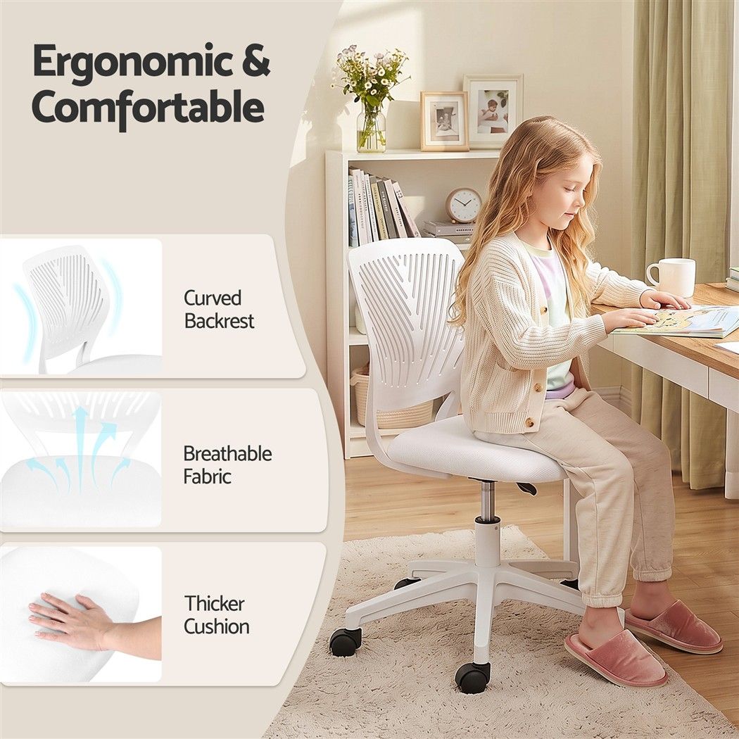 Artiss Ergonomic Office Chair Armless Study Chair Height Adjustable for Girls Boys Teens White-Furniture > Office > Office &amp; Desk Chairs-PEROZ Accessories