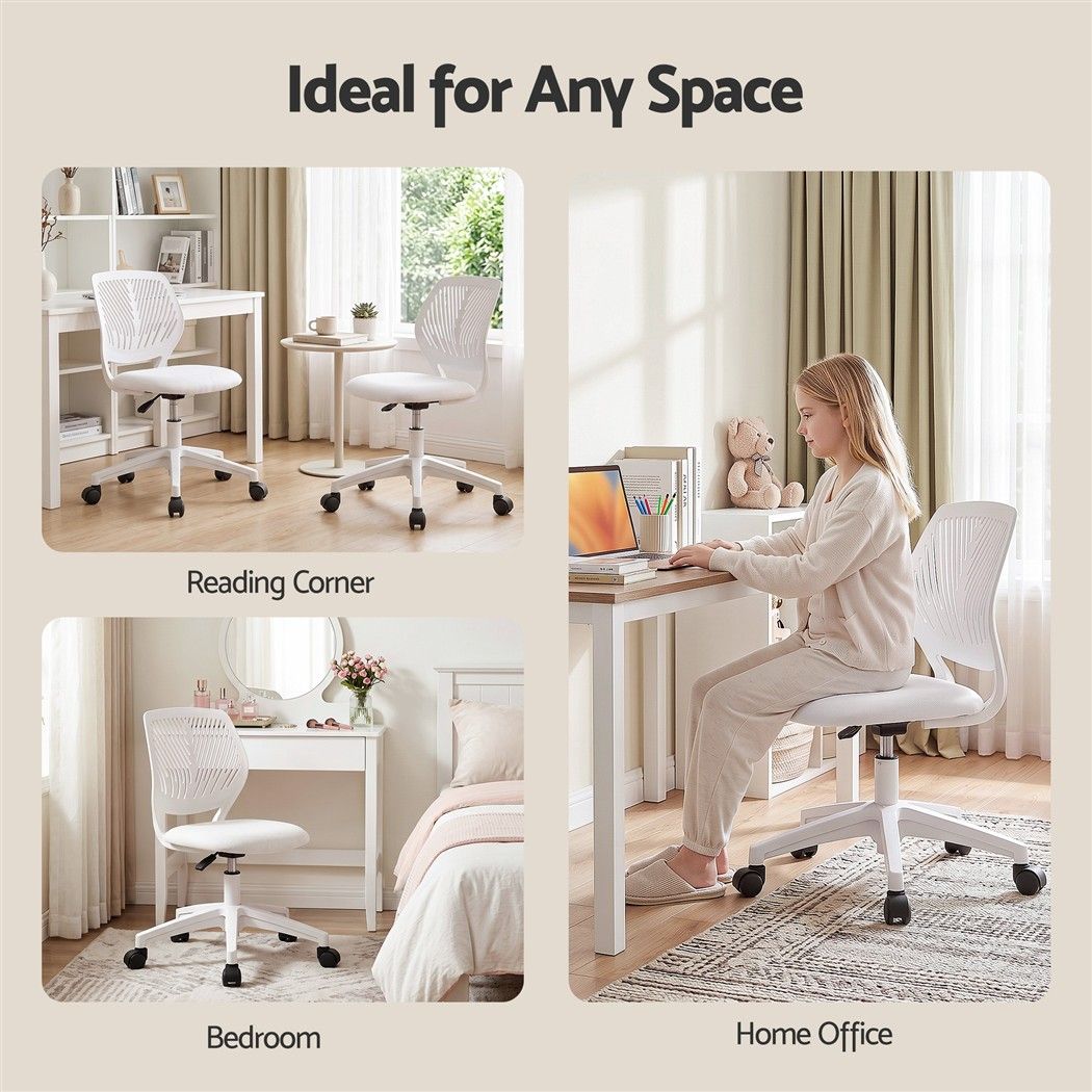 Artiss Ergonomic Office Chair Armless Study Chair Height Adjustable for Girls Boys Teens White-Furniture > Office > Office &amp; Desk Chairs-PEROZ Accessories