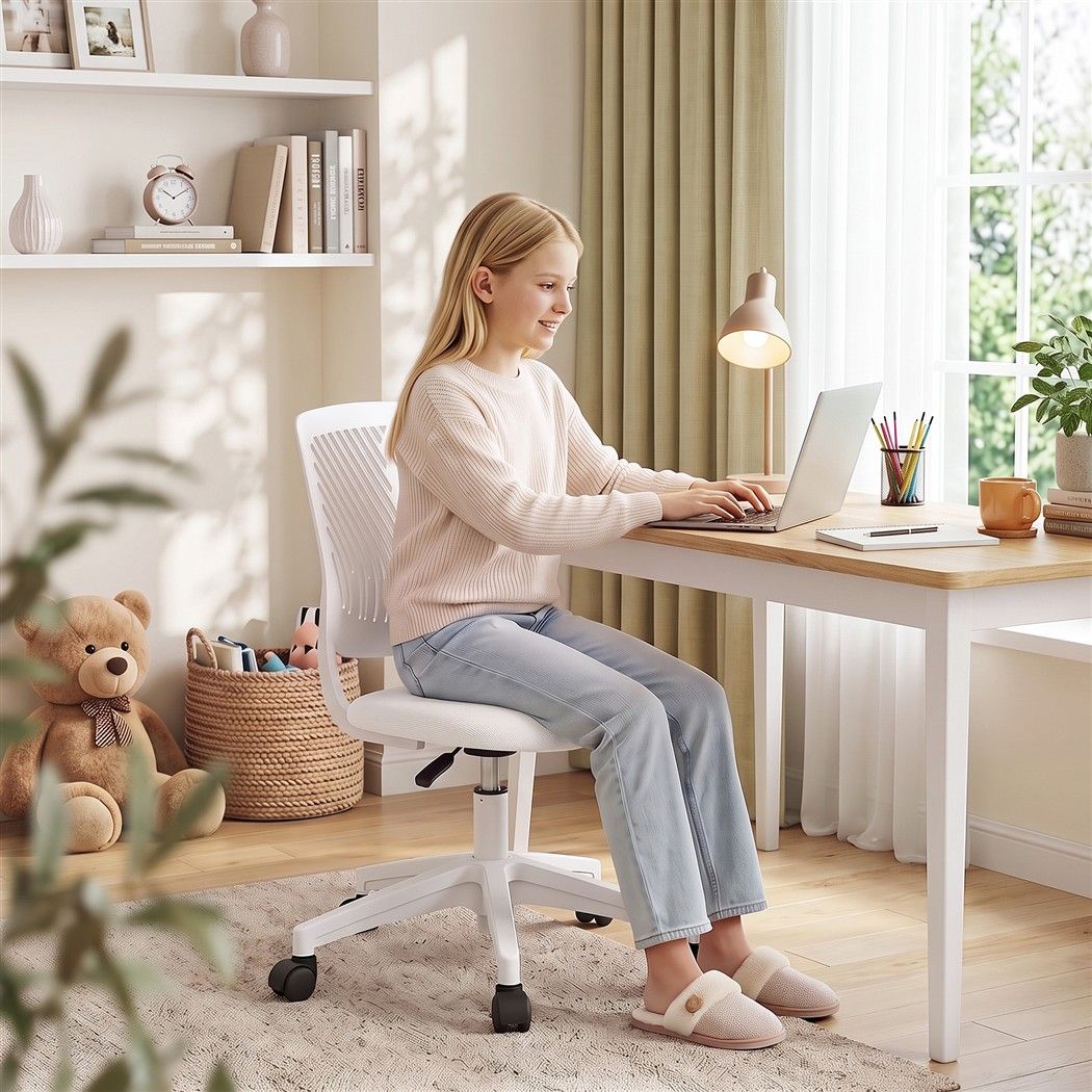 Artiss Ergonomic Office Chair Armless Study Chair Height Adjustable for Girls Boys Teens White-Furniture > Office > Office &amp; Desk Chairs-PEROZ Accessories