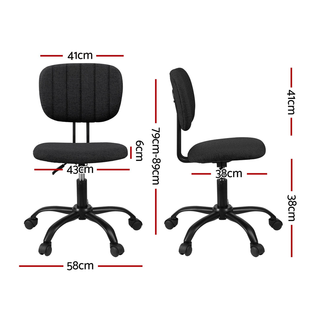 Artiss Armless Office Chair with Wheels, Ergonomic 360° Swivel Home Office Desk Chair, Height Adjustable Computer Task Chair with Fabric Back and Seat for Small Space, Black-Furniture > Office > Office &amp; Desk Chairs-PEROZ Accessories