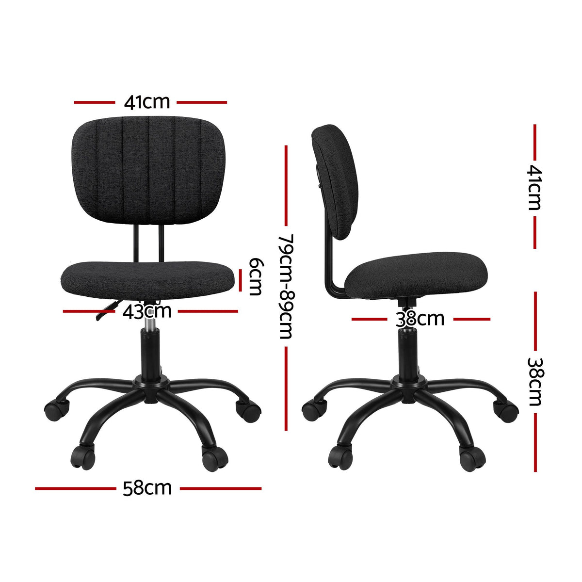 Artiss Armless Office Chair with Wheels, Ergonomic 360° Swivel Home Office Desk Chair, Height Adjustable Computer Task Chair with Fabric Back and Seat for Small Space, Black-Furniture > Office > Office &amp; Desk Chairs-PEROZ Accessories