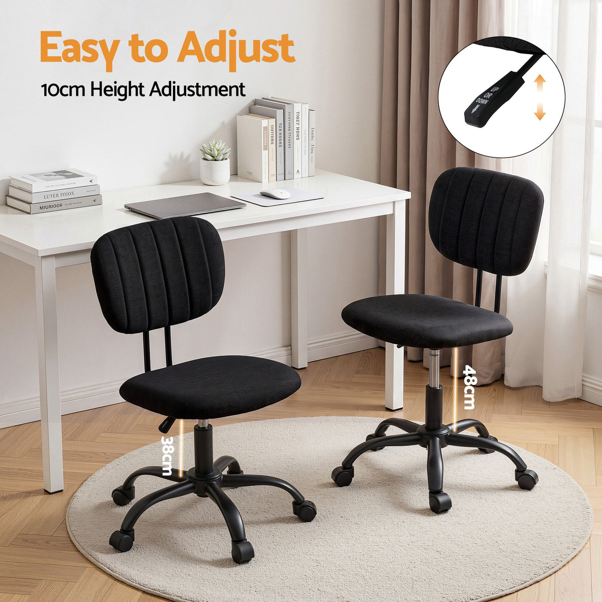 Artiss Armless Office Chair with Wheels, Ergonomic 360° Swivel Home Office Desk Chair, Height Adjustable Computer Task Chair with Fabric Back and Seat for Small Space, Black-Furniture > Office > Office &amp; Desk Chairs-PEROZ Accessories