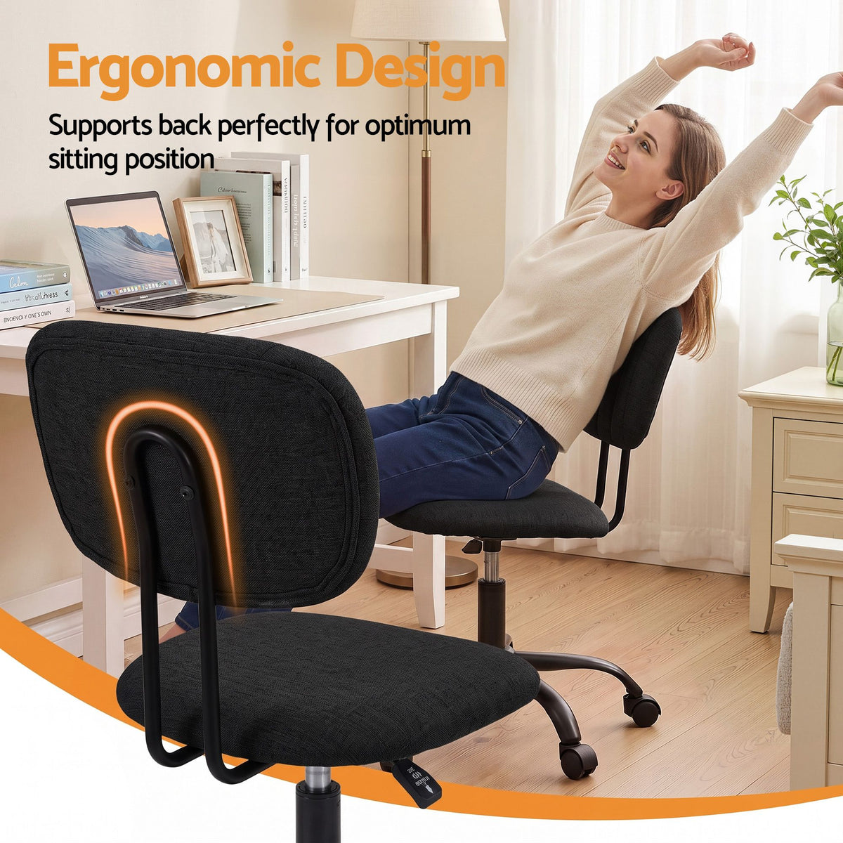 Artiss Armless Office Chair with Wheels, Ergonomic 360° Swivel Home Office Desk Chair, Height Adjustable Computer Task Chair with Fabric Back and Seat for Small Space, Black-Furniture > Office > Office &amp; Desk Chairs-PEROZ Accessories