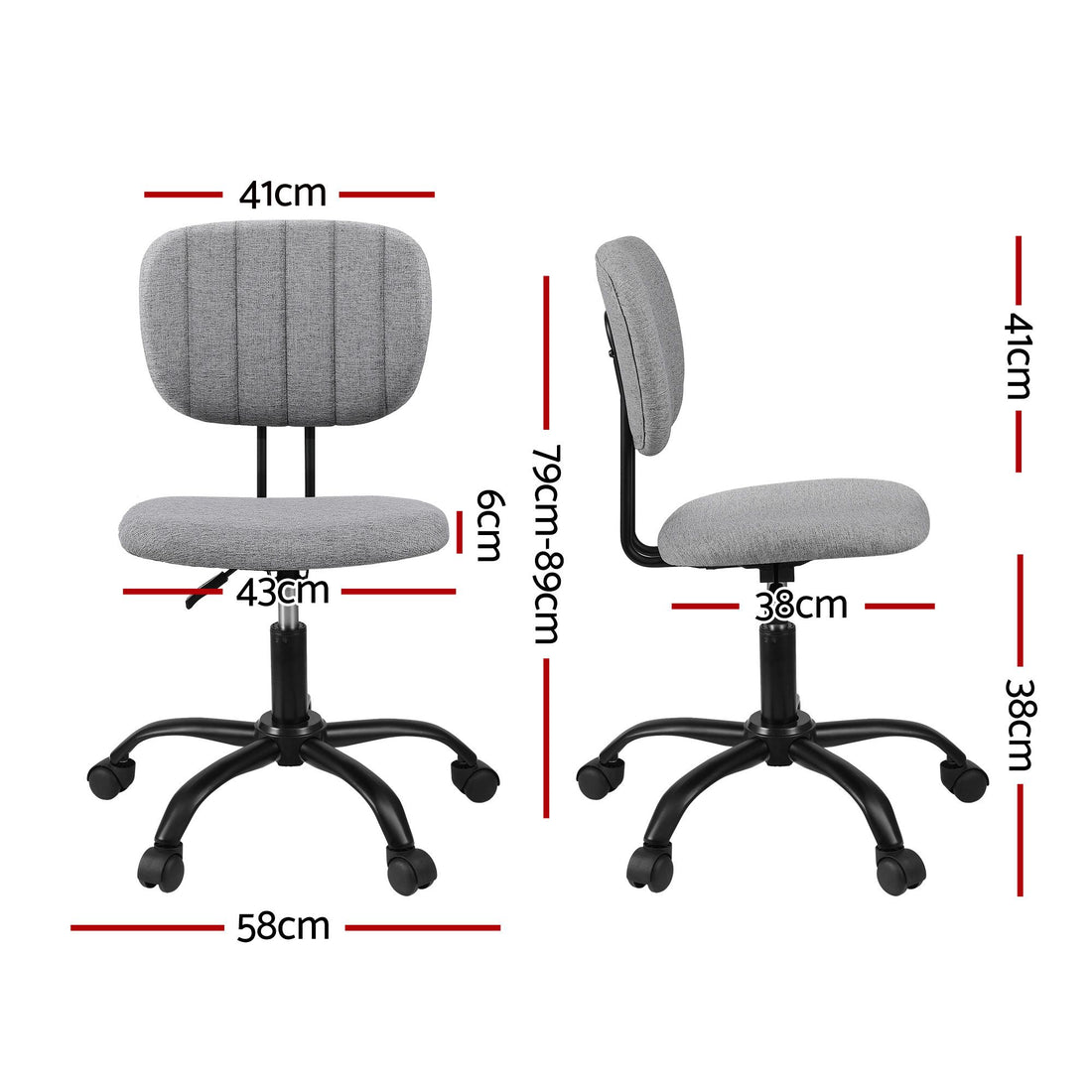 Artiss Armless Office Chair with Wheels, Ergonomic 360° Swivel Home Office Desk Chair, Height Adjustable Computer Task Chair with Fabric Back and Seat for Small Space, Grey-Furniture > Office > Office &amp; Desk Chairs-PEROZ Accessories