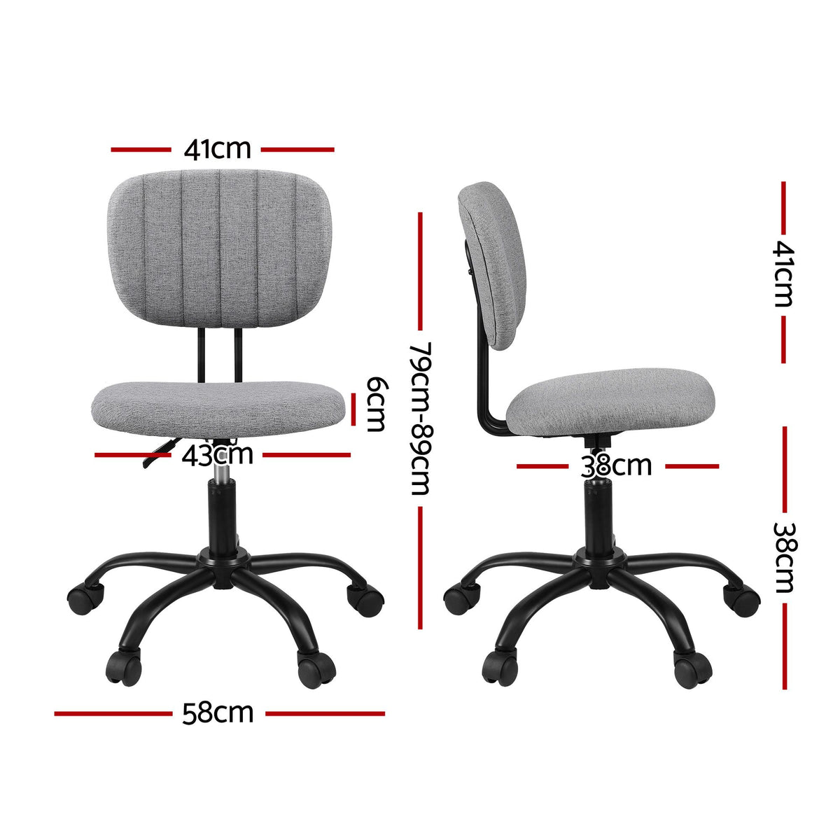 Artiss Armless Office Chair with Wheels, Ergonomic 360° Swivel Home Office Desk Chair, Height Adjustable Computer Task Chair with Fabric Back and Seat for Small Space, Grey-Furniture > Office > Office &amp; Desk Chairs-PEROZ Accessories