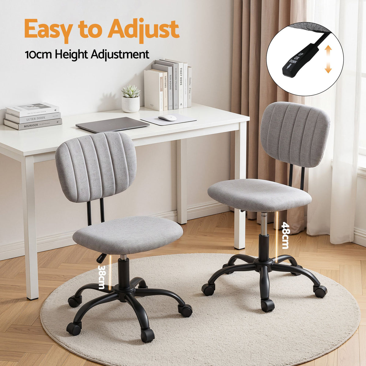 Artiss Armless Office Chair with Wheels, Ergonomic 360° Swivel Home Office Desk Chair, Height Adjustable Computer Task Chair with Fabric Back and Seat for Small Space, Grey-Furniture > Office > Office &amp; Desk Chairs-PEROZ Accessories