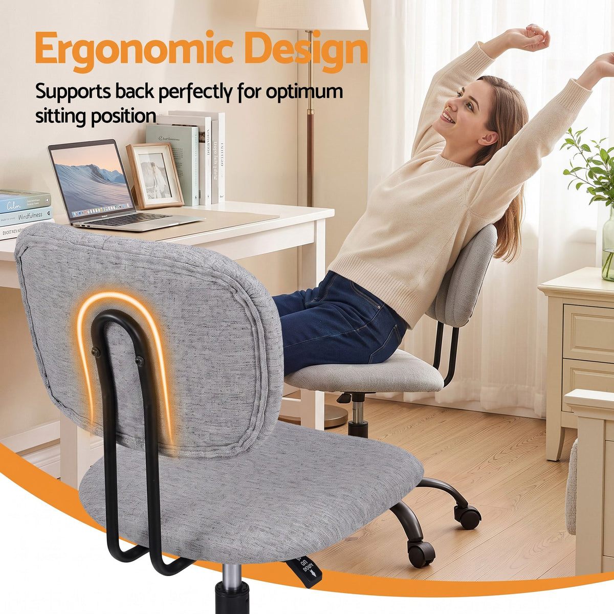 Artiss Armless Office Chair with Wheels, Ergonomic 360° Swivel Home Office Desk Chair, Height Adjustable Computer Task Chair with Fabric Back and Seat for Small Space, Grey-Furniture > Office > Office &amp; Desk Chairs-PEROZ Accessories