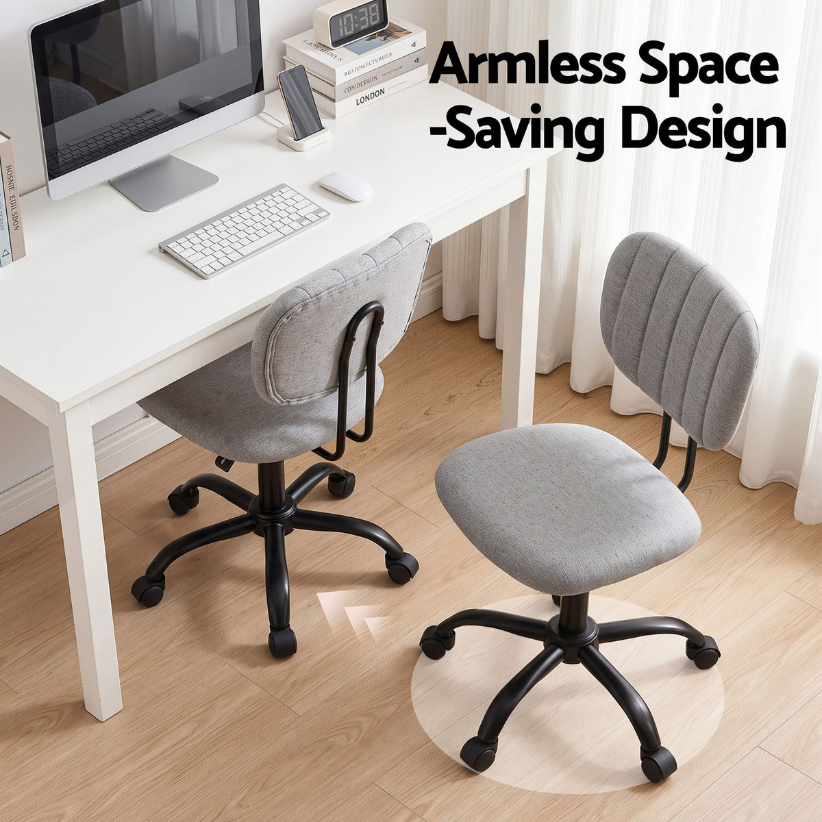 Artiss Armless Office Chair with Wheels, Ergonomic 360° Swivel Home Office Desk Chair, Height Adjustable Computer Task Chair with Fabric Back and Seat for Small Space, Grey-Furniture > Office > Office &amp; Desk Chairs-PEROZ Accessories