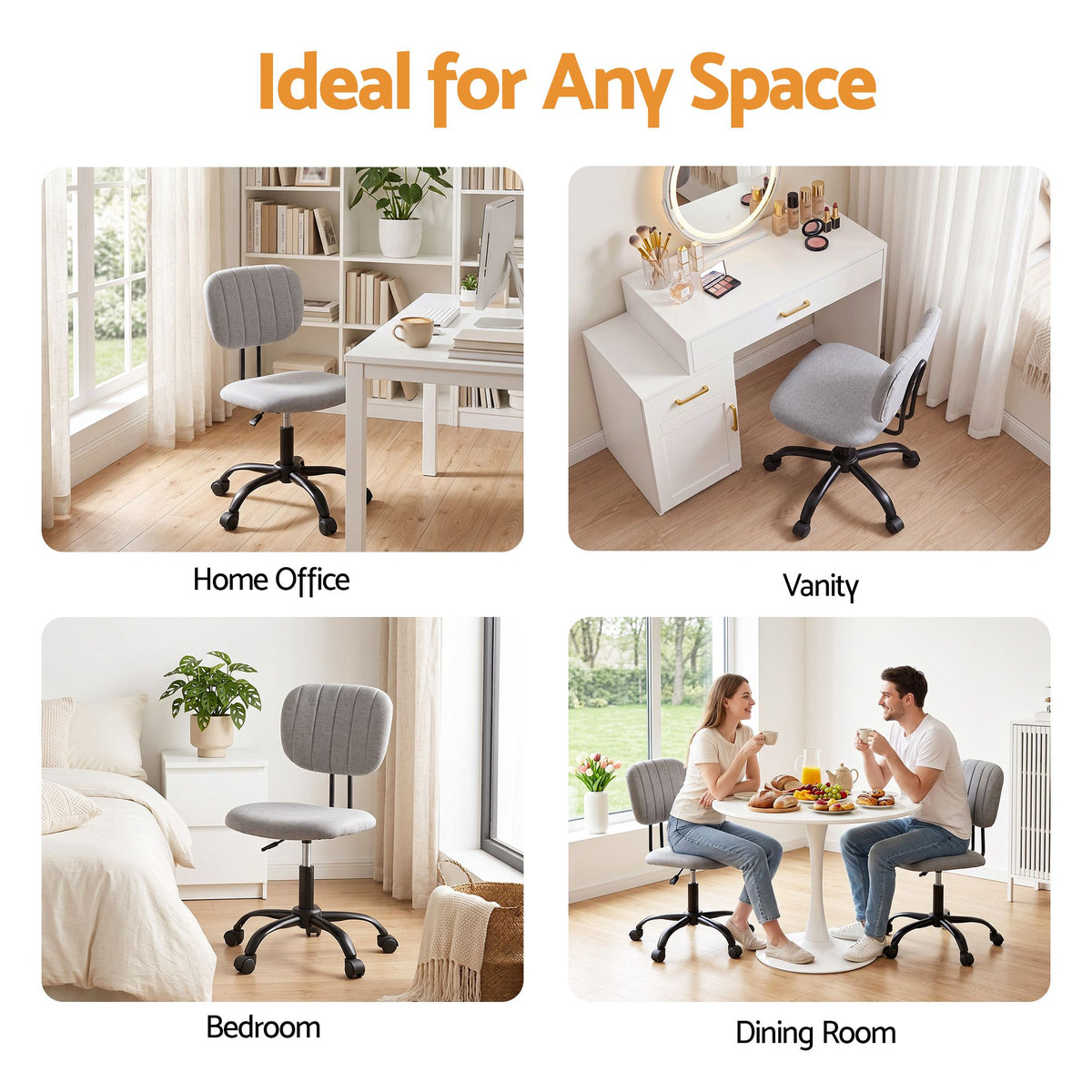 Artiss Armless Office Chair with Wheels, Ergonomic 360° Swivel Home Office Desk Chair, Height Adjustable Computer Task Chair with Fabric Back and Seat for Small Space, Grey-Furniture > Office > Office &amp; Desk Chairs-PEROZ Accessories