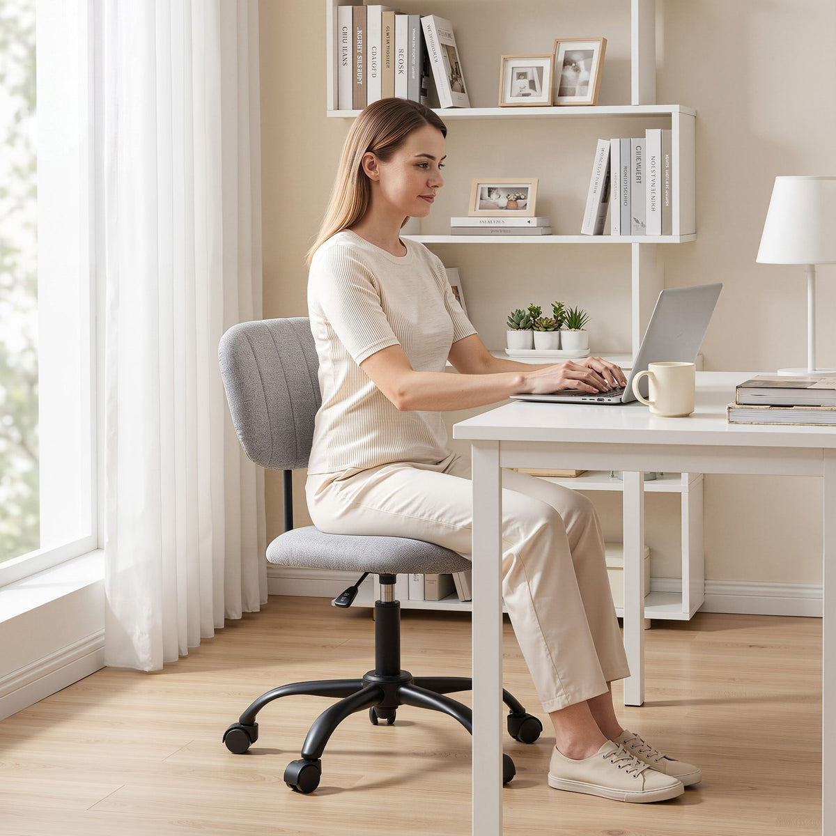 Artiss Armless Office Chair with Wheels, Ergonomic 360° Swivel Home Office Desk Chair, Height Adjustable Computer Task Chair with Fabric Back and Seat for Small Space, Grey-Furniture > Office > Office &amp; Desk Chairs-PEROZ Accessories