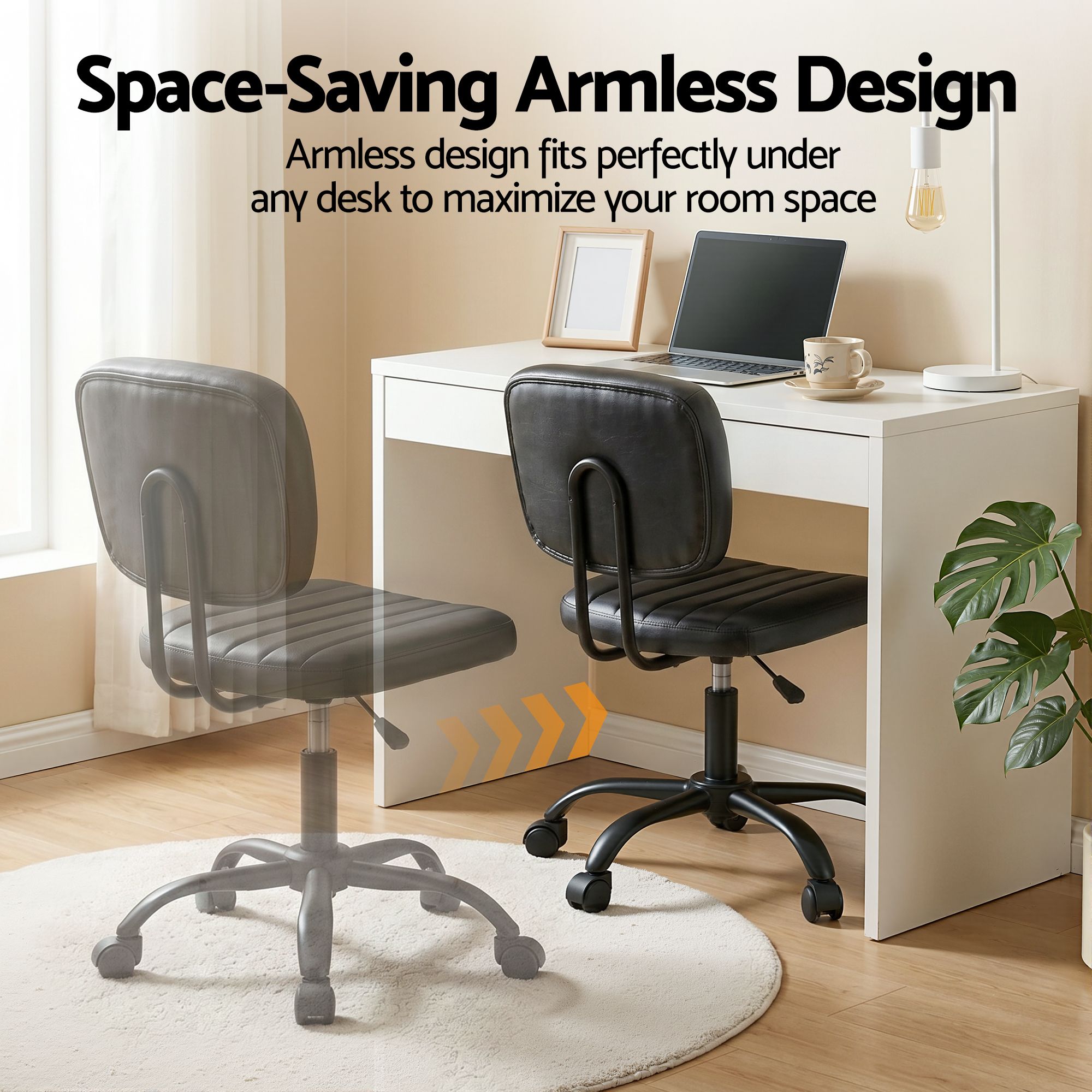 Artiss Armless Office Chair with Wheels, Ergonomic PU Leather Office Desk Chair, Height Adjustable 360° Swivel Computer Task Chair for Home Office, Study Room &amp; Small Space, Black