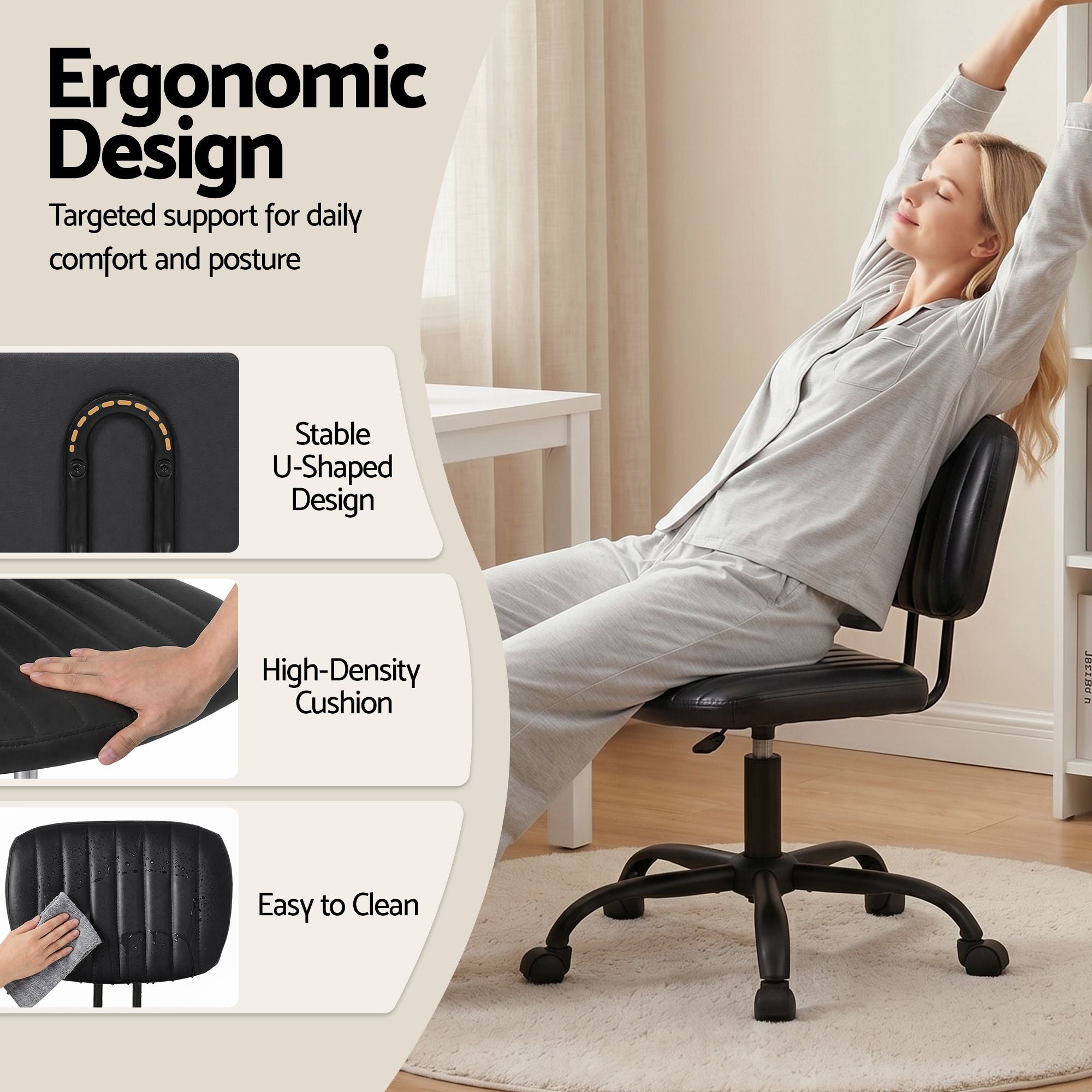 Artiss Armless Office Chair with Wheels, Ergonomic PU Leather Office Desk Chair, Height Adjustable 360° Swivel Computer Task Chair for Home Office, Study Room &amp; Small Space, Black