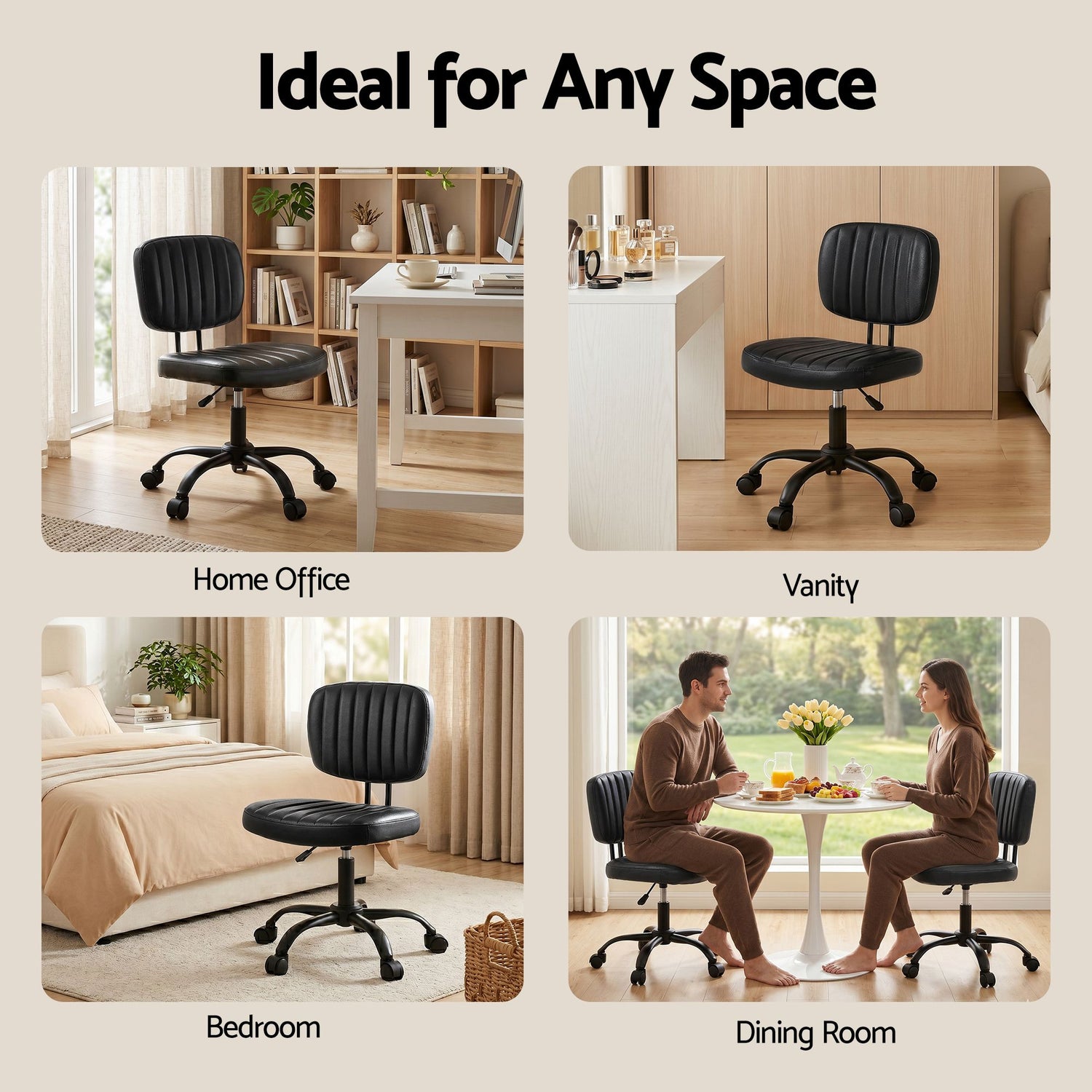 Artiss Armless Office Chair with Wheels, Ergonomic PU Leather Office Desk Chair, Height Adjustable 360° Swivel Computer Task Chair for Home Office, Study Room &amp; Small Space, Black