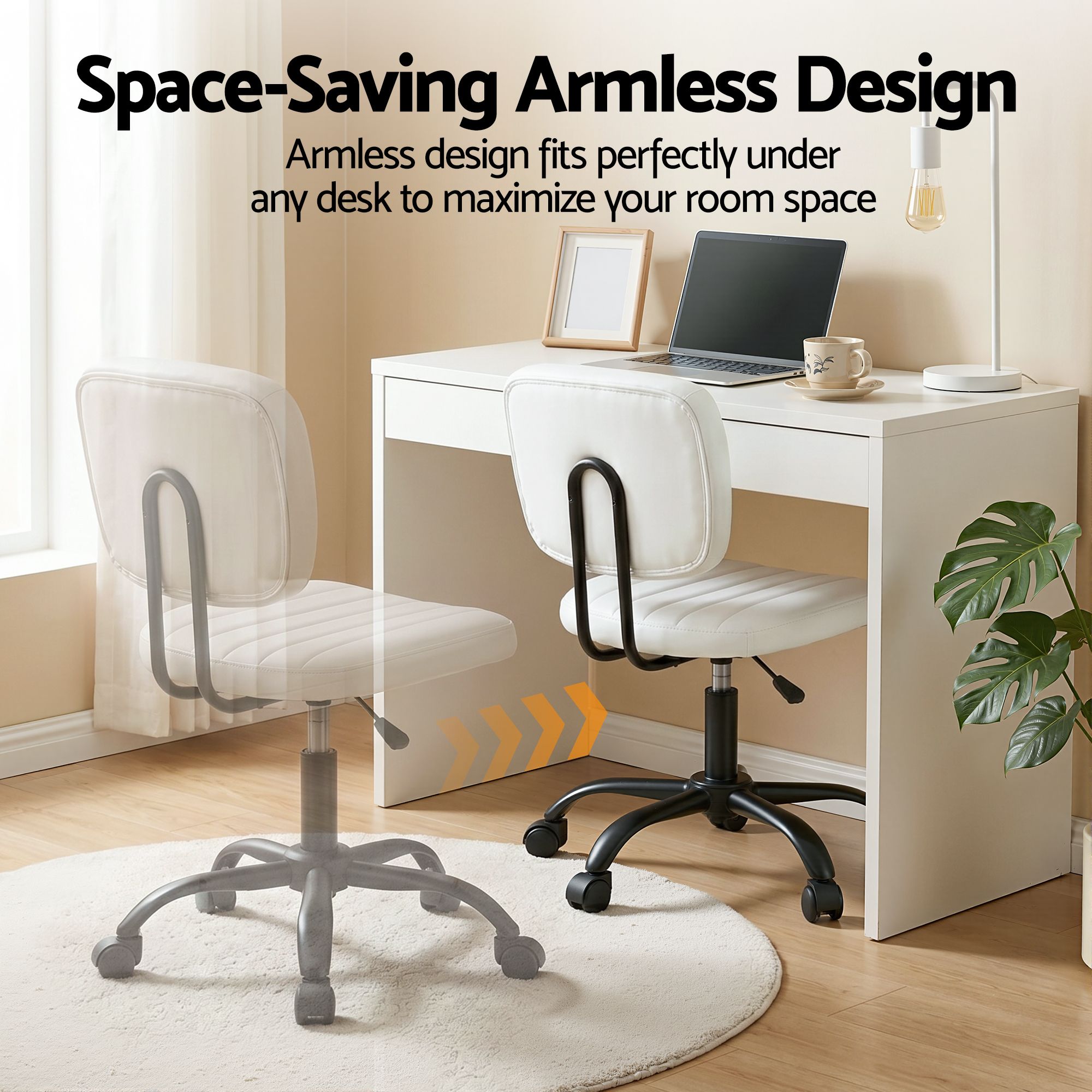 Artiss Armless Office Chair with Wheels, Ergonomic PU Leather Office Desk Chair, Height Adjustable 360° Swivel Computer Task Chair for Home Office, Study Room &amp; Small Space, White