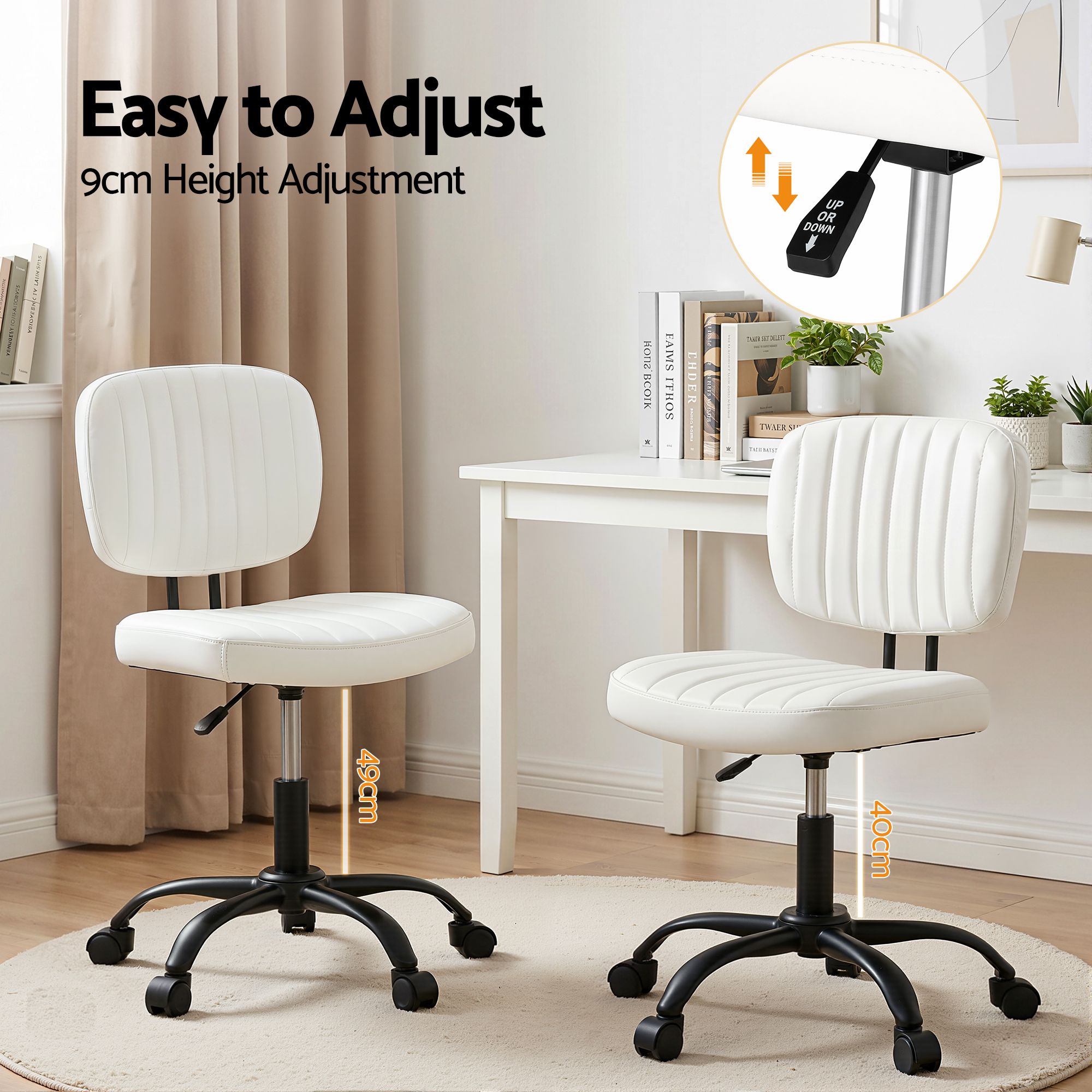 Artiss Armless Office Chair with Wheels, Ergonomic PU Leather Office Desk Chair, Height Adjustable 360° Swivel Computer Task Chair for Home Office, Study Room &amp; Small Space, White