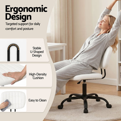Artiss Armless Office Chair with Wheels, Ergonomic PU Leather Office Desk Chair, Height Adjustable 360° Swivel Computer Task Chair for Home Office, Study Room &amp; Small Space, White