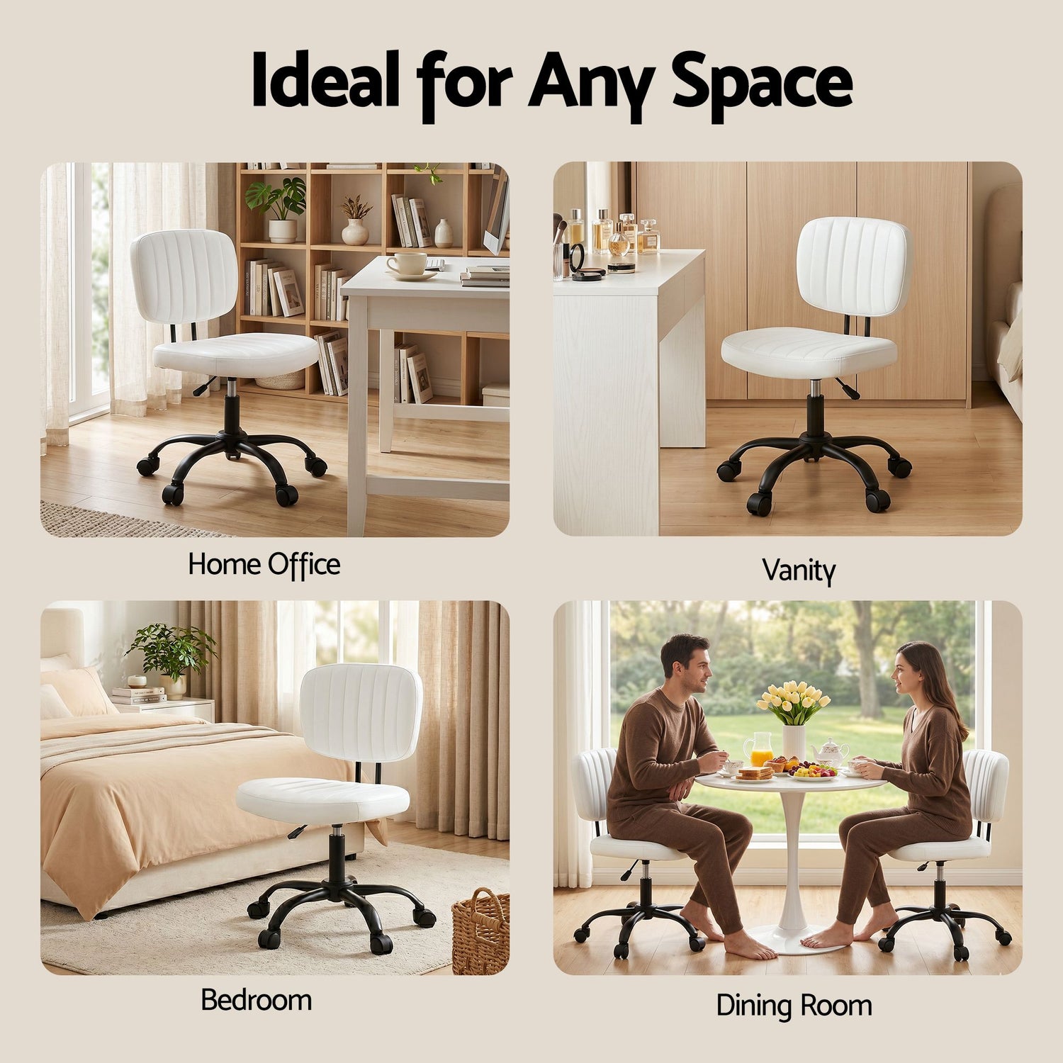 Artiss Armless Office Chair with Wheels, Ergonomic PU Leather Office Desk Chair, Height Adjustable 360° Swivel Computer Task Chair for Home Office, Study Room &amp; Small Space, White