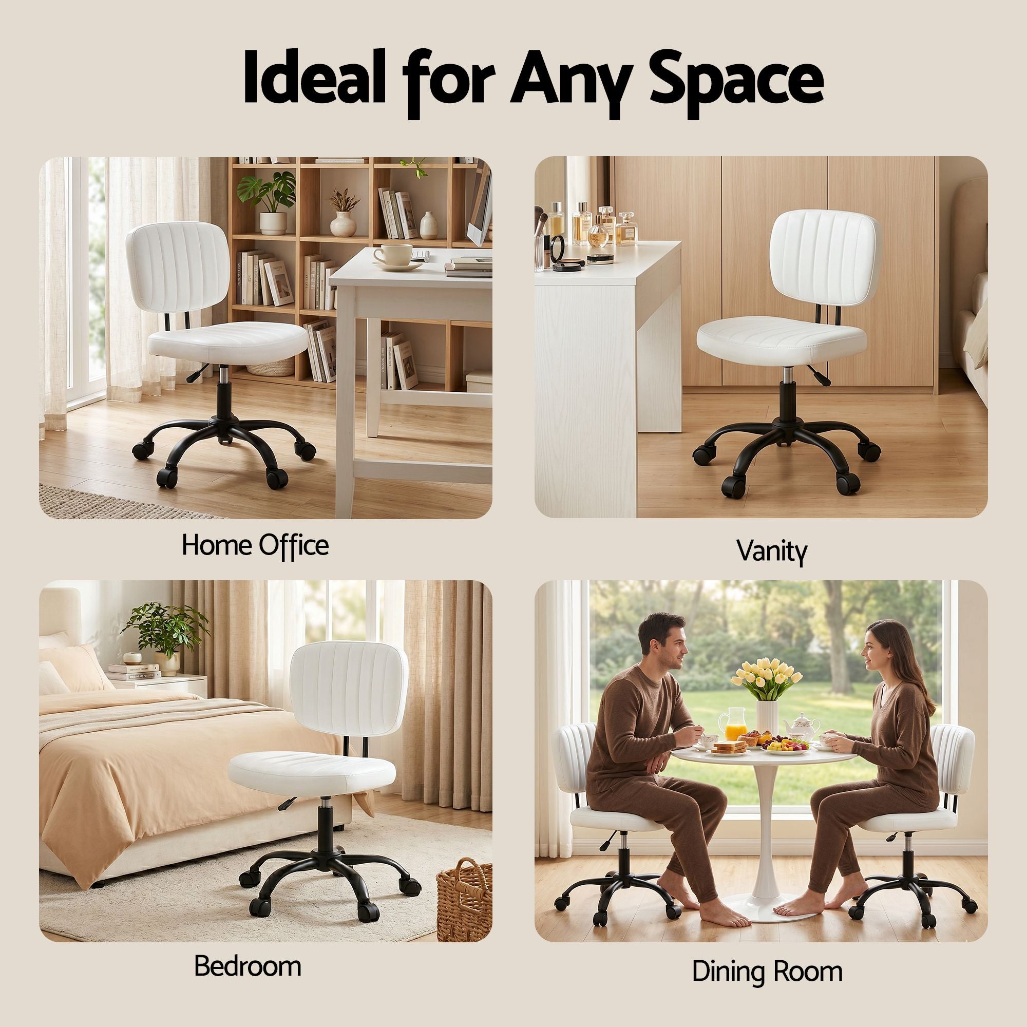 Artiss Armless Office Chair with Wheels, Ergonomic PU Leather Office Desk Chair, Height Adjustable 360° Swivel Computer Task Chair for Home Office, Study Room &amp; Small Space, White