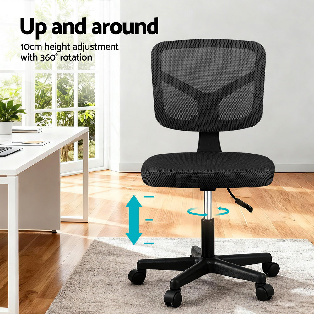 Artiss Armless Office Chair with Wheels, Ergonomic 360° Swivel Home Office Desk Chair, Height Adjustable Computer Task Chair with Fabric Back and Seat for Small Space, Black-Furniture &gt; Office &gt; Office &amp; Desk Chairs-PEROZ Accessories