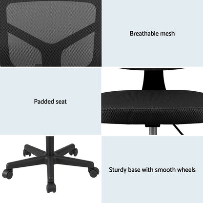 Artiss Armless Office Chair with Wheels, Ergonomic 360° Swivel Home Office Desk Chair, Height Adjustable Computer Task Chair with Fabric Back and Seat for Small Space, Black-Furniture &gt; Office &gt; Office &amp; Desk Chairs-PEROZ Accessories