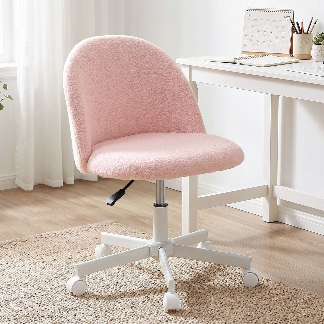 Artiss Office Chair Armless Swivel Vanity Desk Chair with Wheels Teddy Fleece Pink-Furniture > Office > Office &amp; Desk Chairs-PEROZ Accessories