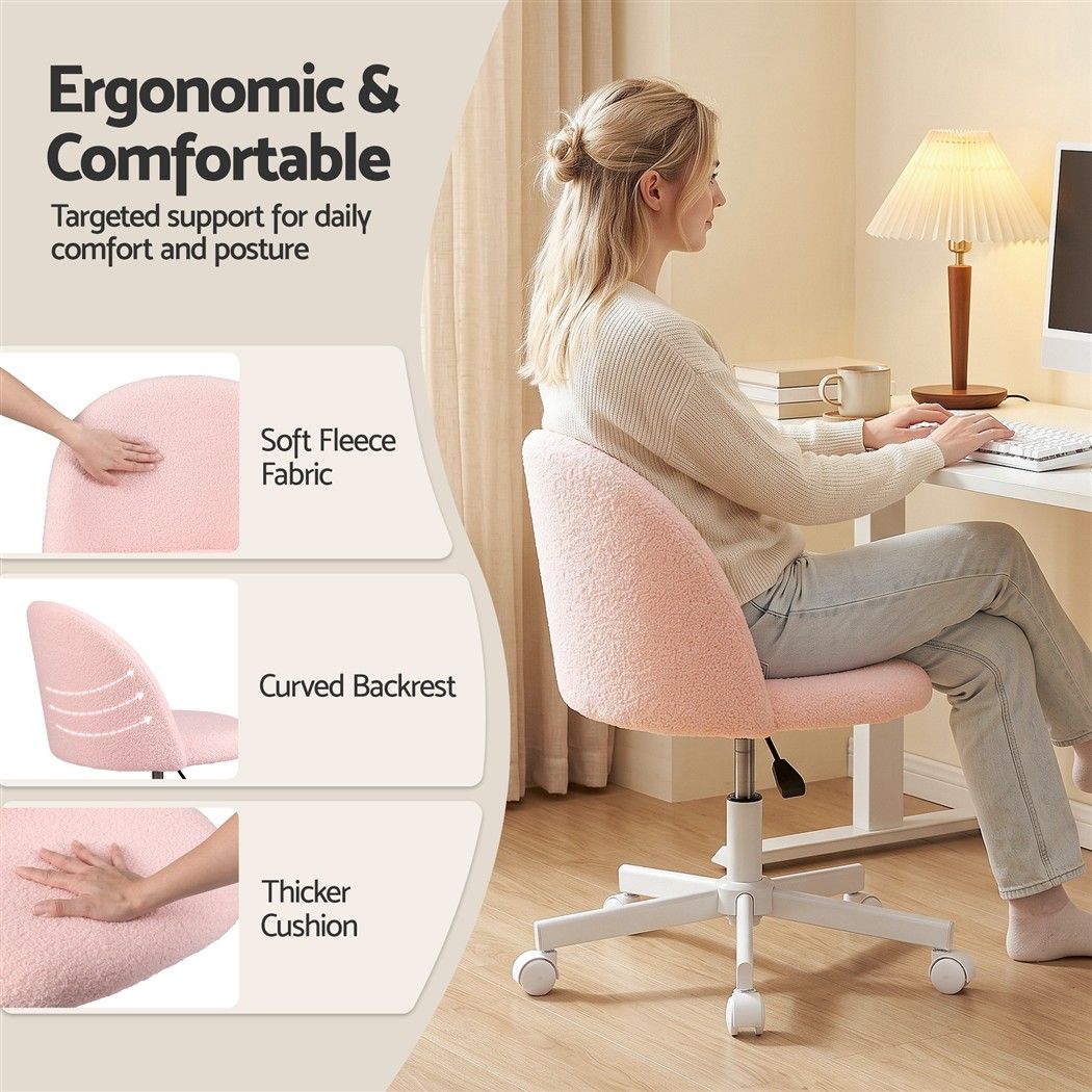 Artiss Office Chair Armless Swivel Vanity Desk Chair with Wheels Teddy Fleece Pink-Furniture > Office > Office &amp; Desk Chairs-PEROZ Accessories