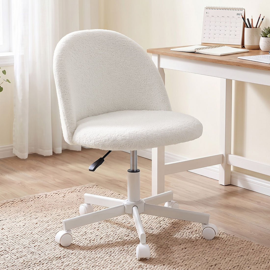 Artiss Office Chair Armless Swivel Vanity Desk Chair with Wheels Teddy Fleece White-Furniture > Office > Office &amp; Desk Chairs-PEROZ Accessories