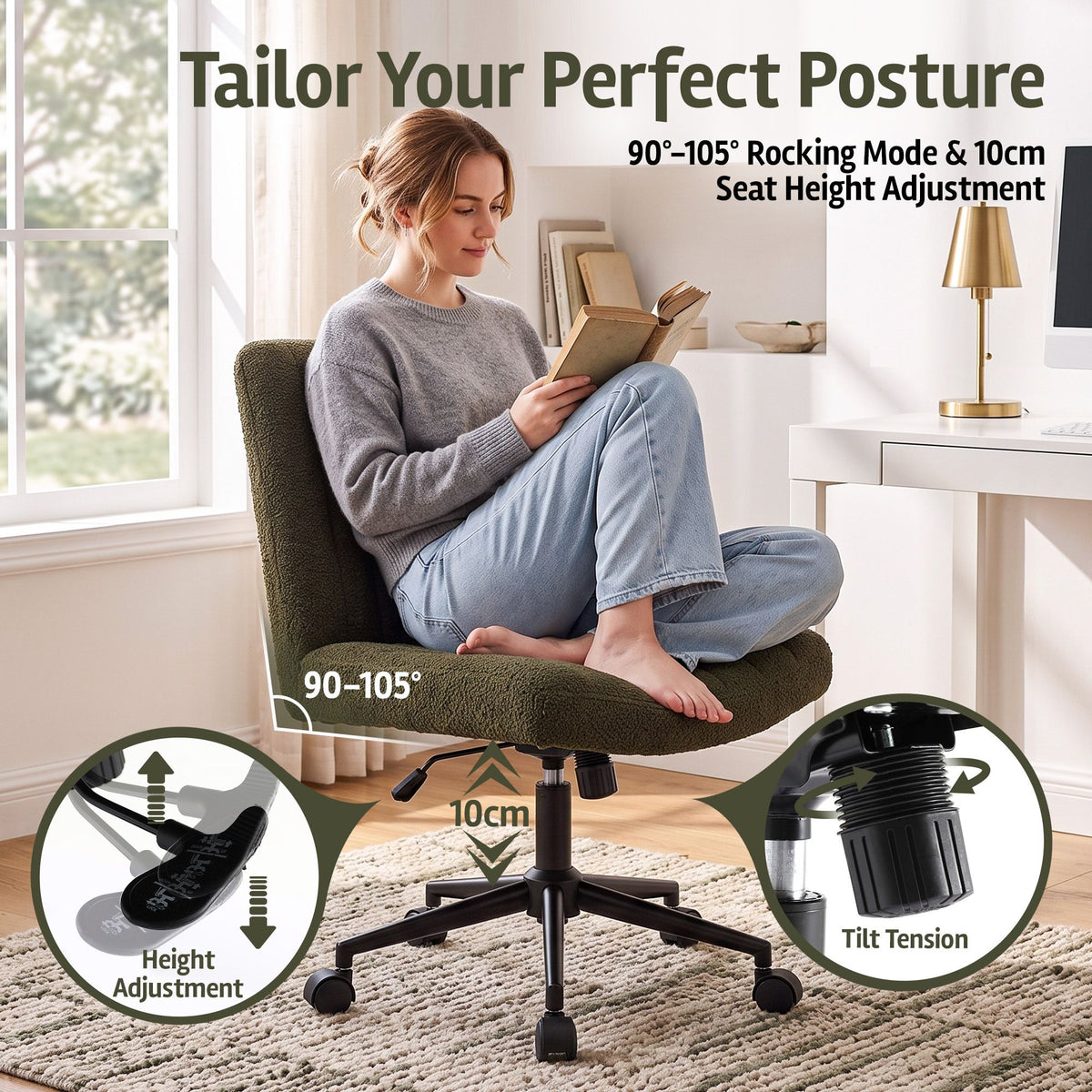 Artiss Armless Cross Legged Office Chair Wide Seat Vanity Chair Teddy Fleece Green-Furniture > Office > Office &amp; Desk Chairs-PEROZ Accessories