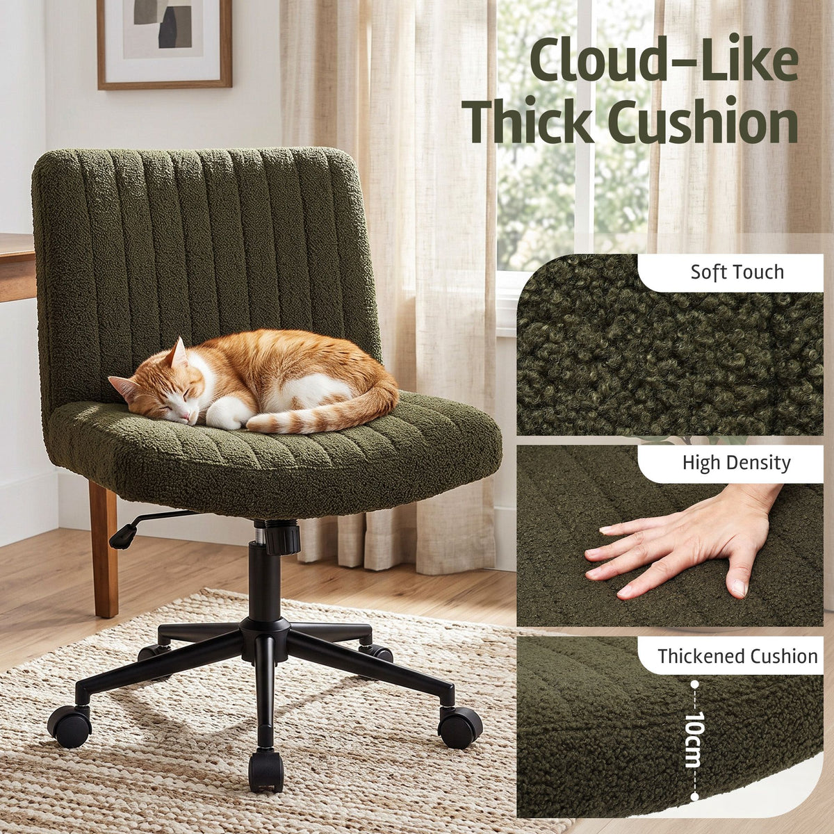 Artiss Armless Cross Legged Office Chair Wide Seat Vanity Chair Teddy Fleece Green-Furniture > Office > Office &amp; Desk Chairs-PEROZ Accessories