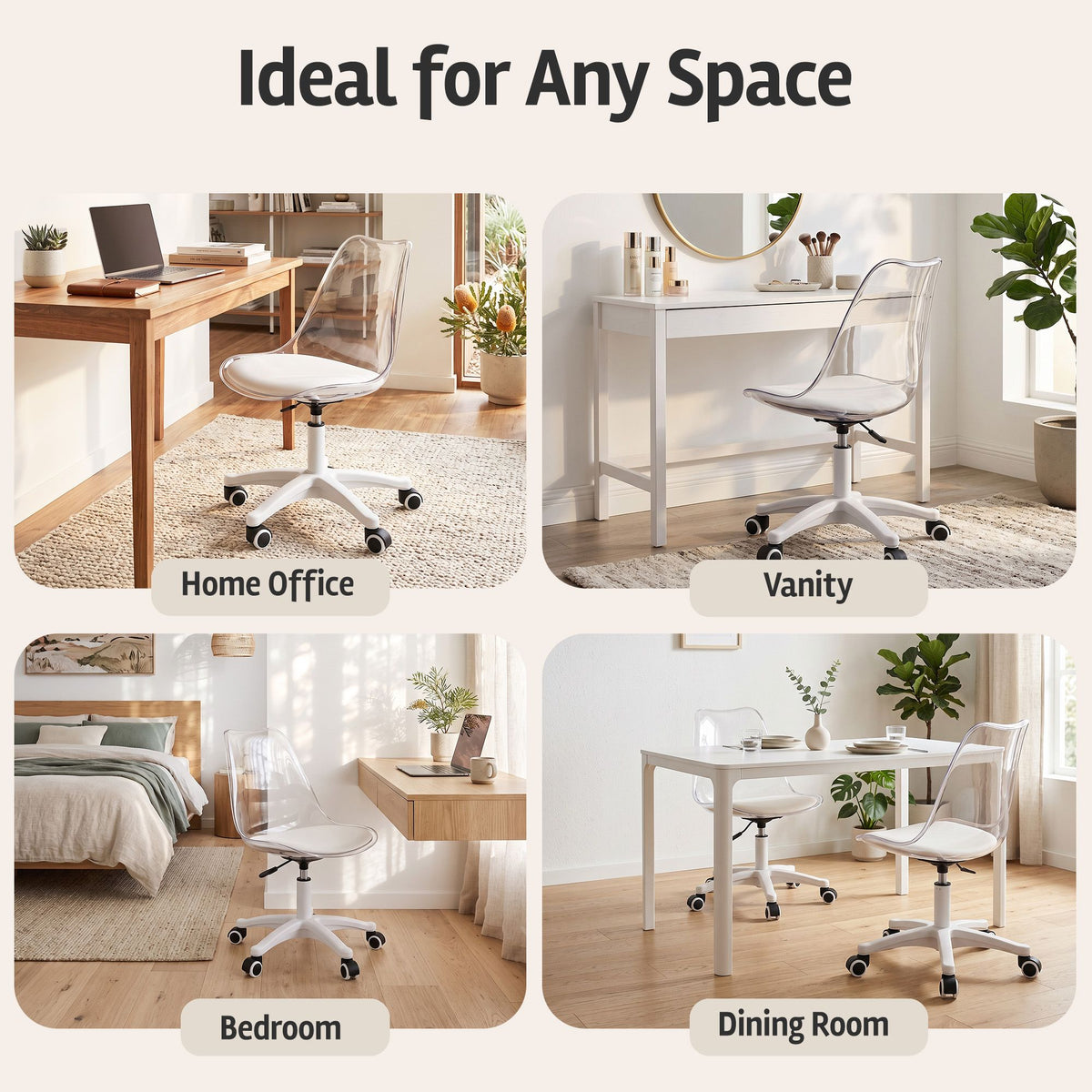 Artiss Clear Acrylic Office Chair Armless Swivel Vanity Desk Chair Mondern White-Furniture > Office > Office &amp; Desk Chairs-PEROZ Accessories