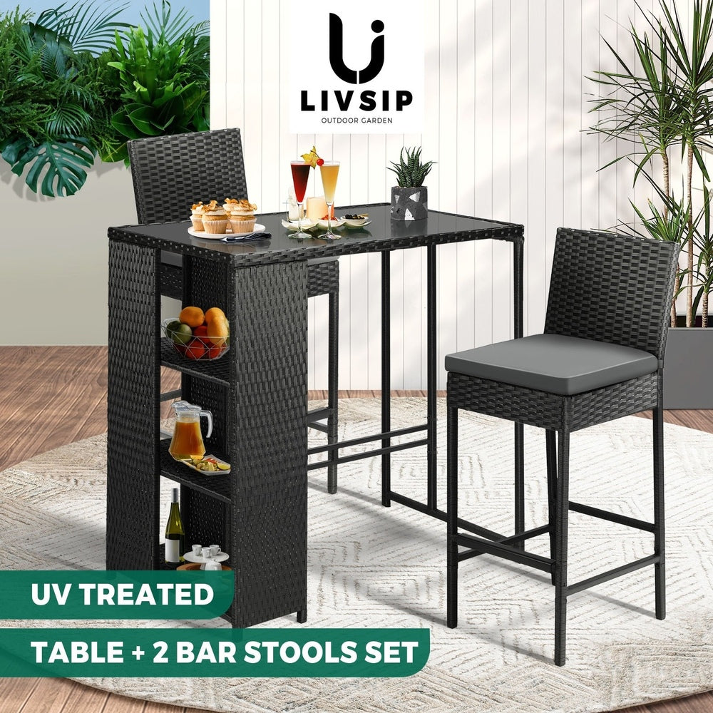 Livsip Outdoor Bar Table Dining Chairs Stools Set Rattan Patio Furniture 3 Piece-Outdoor Bar Sets-PEROZ Accessories