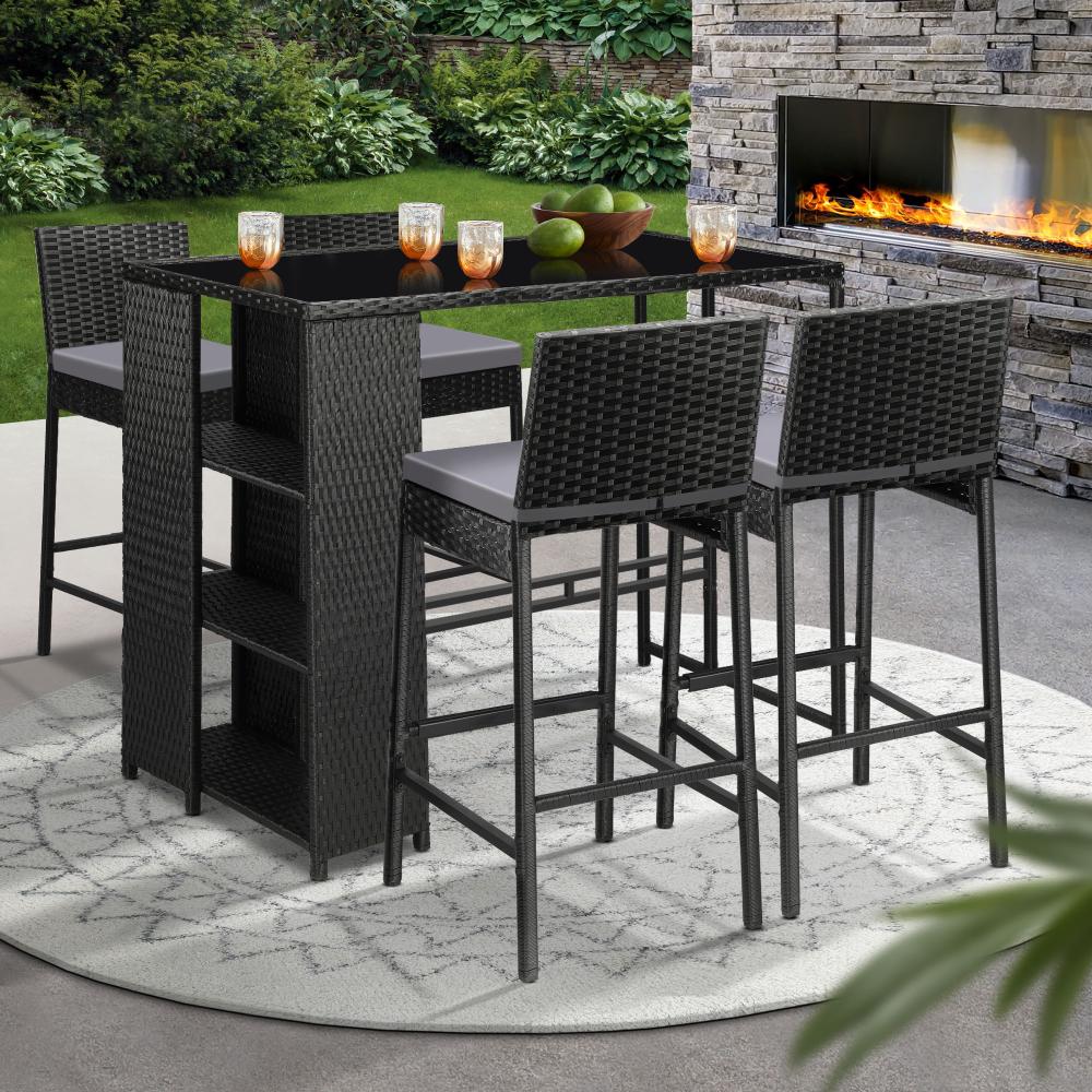 Livsip Outdoor Dining Set Patio Furniture Rattan Bar Table Chairs Bar Stools Set-Outdoor Bar Sets-PEROZ Accessories