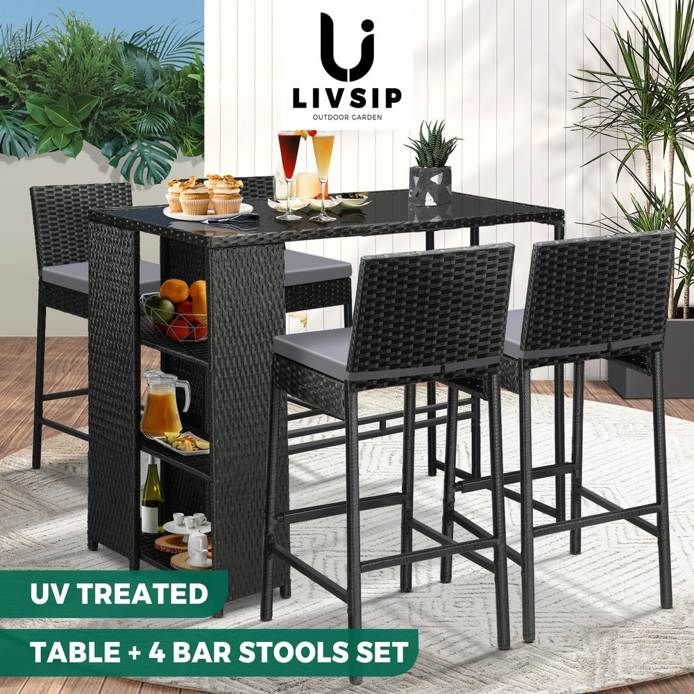 Livsip Outdoor Dining Set Patio Furniture Rattan Bar Table Chairs Bar Stools Set-Outdoor Bar Sets-PEROZ Accessories
