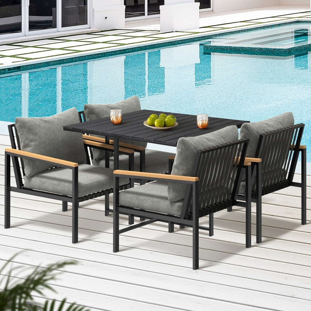 Livsip 4 Seater Outdoor Dining Set Wood-Plastic Black Table and Sofa Chairs-Outdoor Dining Set-PEROZ Accessories