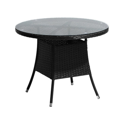 Livsip Outdoor Dining Table 90CM Round Rattan Glass Table Patio Furniture Black-Outdoor Dining Sets-PEROZ Accessories