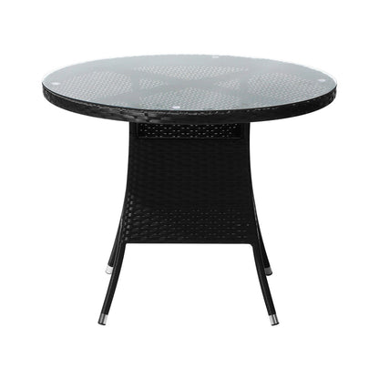 Livsip Outdoor Dining Table 90CM Round Rattan Glass Table Patio Furniture Black-Outdoor Dining Sets-PEROZ Accessories