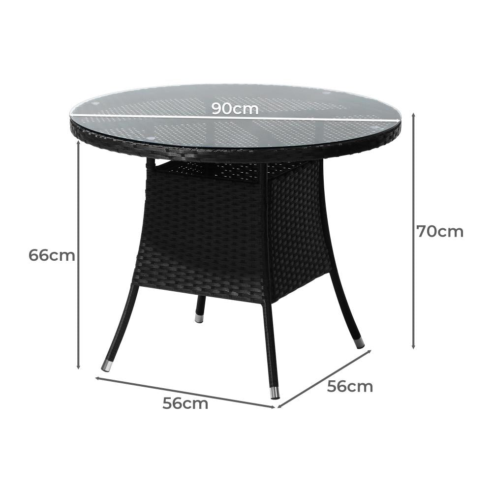 Livsip Outdoor Dining Table 90CM Round Rattan Glass Table Patio Furniture Black-Outdoor Dining Sets-PEROZ Accessories